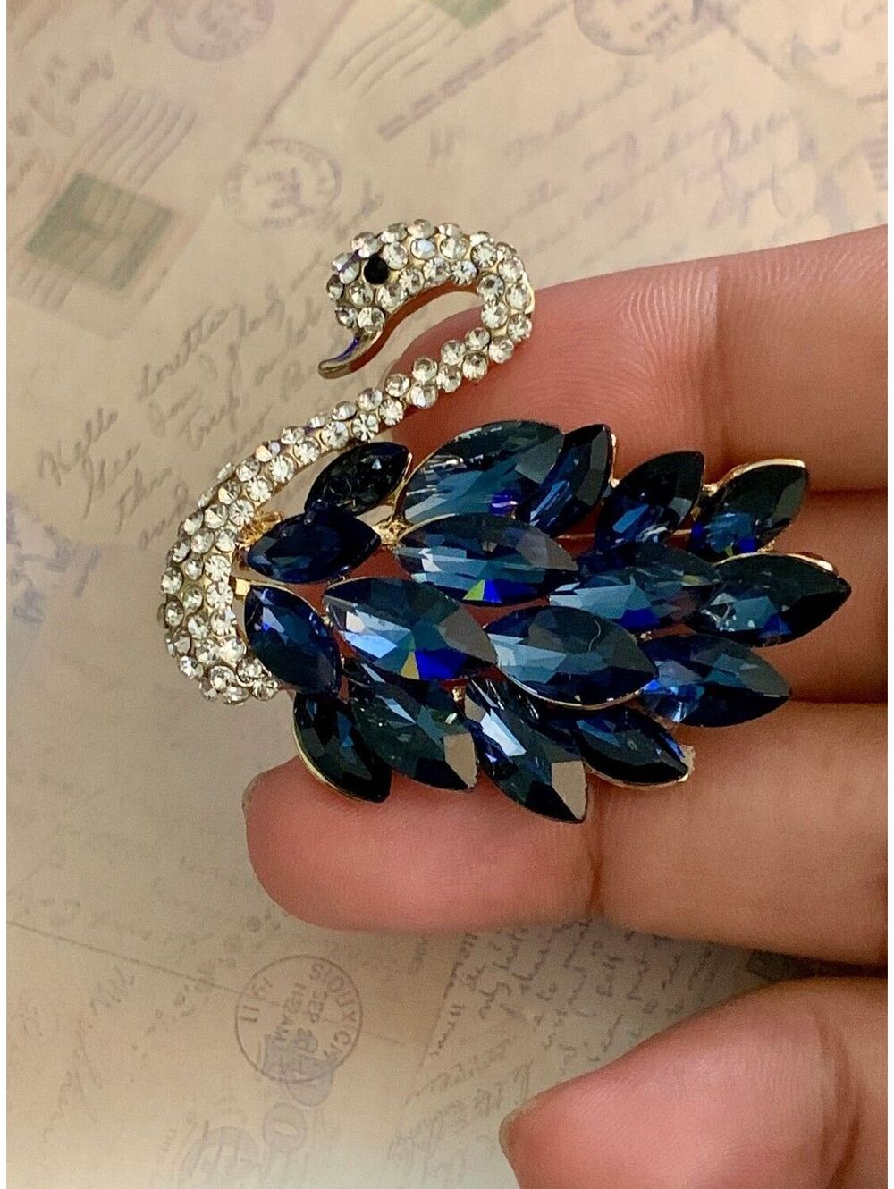 Sparkling Swan Brooch with Blue Crystal Feathers - Glam Accessory - Picture 4 of 4